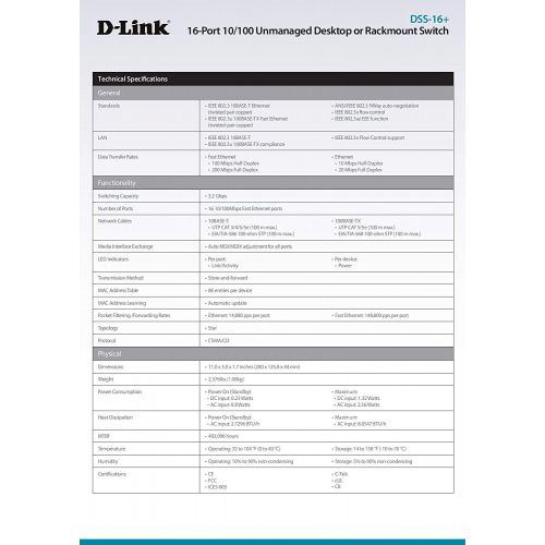  D-Link DSS-16+ 16-Port 10100 Unmanaged DesktopRackmountable Switch