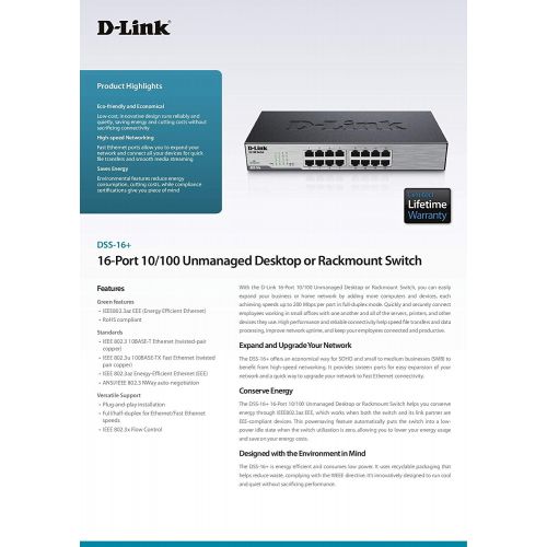  D-Link DSS-16+ 16-Port 10100 Unmanaged DesktopRackmountable Switch