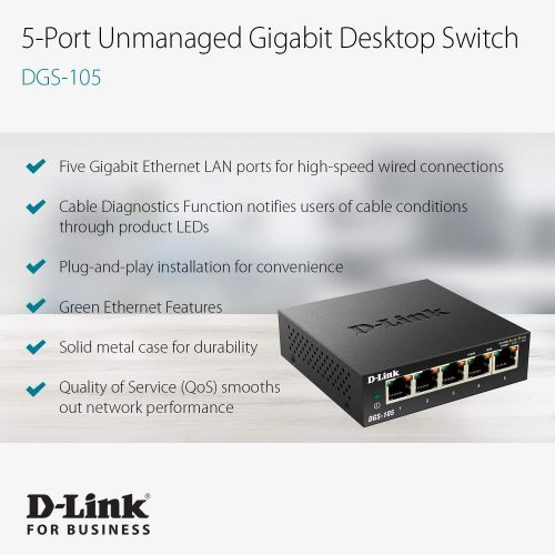  [아마존 핫딜] [아마존핫딜]D-Link 5 Port Gigabit Unmanaged Metal Desktop Switch, Plug and Play (DGS-105)