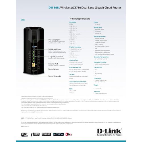  D-Link Wireless AC Smartbeam 1750 Mbps Home Cloud App-Enabled Dual-Band Gigabit Router (DIR-868L)