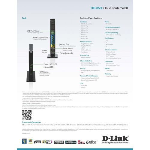  D-Link Wireless AC 1750 Mbps Home Cloud App-Enabled Dual-Band Gigabit Router (DIR-865L)