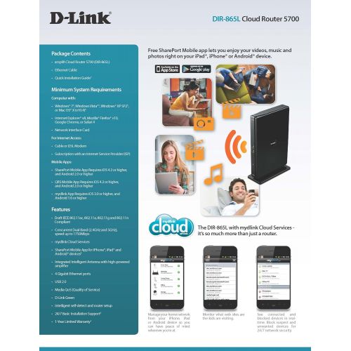  D-Link Wireless AC 1750 Mbps Home Cloud App-Enabled Dual-Band Gigabit Router (DIR-865L)