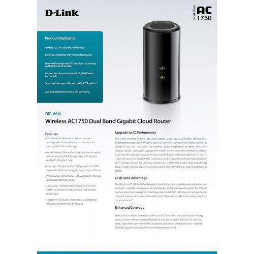  D-Link Wireless AC Smart Beam 1750 Mbps Home Cloud App-Enabled Dual-Band Gigabit Router (DIR-866L)