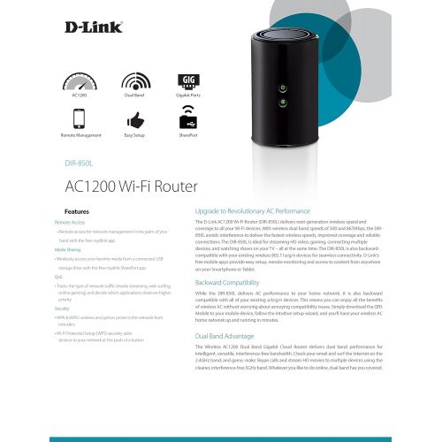  D-Link Wireless AC 1200 Mbps Home Cloud App-Enabled Dual-Band Gigabit Router (DIR-850L)