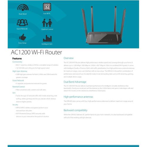  D-Link AC1200 Wi-Fi Router Dual-Band Fast Ethernet Wireless Router (DIR-822-US)