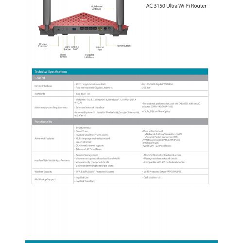  D-Link AC3150 Dual Band Wireless Gigabit Ultra WiFi Router with MU-MIMO and 1.4GHz Dual Core Processor (DIR-885LR)