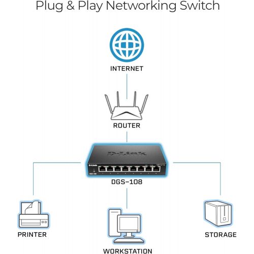  D-Link Ethernet Switch, 8 Port Gigabit Unmanaged Metal Fanless Desktop or Wall Mount Design (DGS-108)