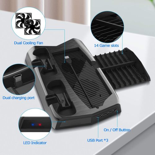  [아마존베스트]DLseego Charging Stand for PS5 with Cooling Fan, Multi-Function Charger Station with 2 Controller Charging Docks, LED Indicators, 3 USB Ports and Retractable Game Storage Bracket