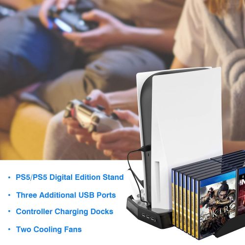  [아마존베스트]DLseego Charging Stand for PS5 with Cooling Fan, Multi-Function Charger Station with 2 Controller Charging Docks, LED Indicators, 3 USB Ports and Retractable Game Storage Bracket
