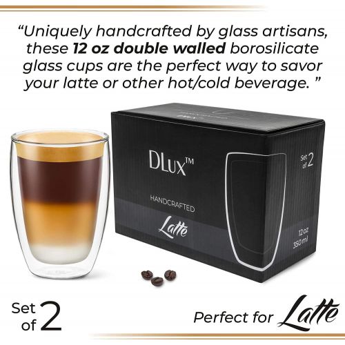  [아마존베스트]DLux Coffee Mugs, 12oz Latte Clear Glass set of 2 cups, Double Wall Insulated Borosilicate Glassware Cup - Wine, Tea Glasses