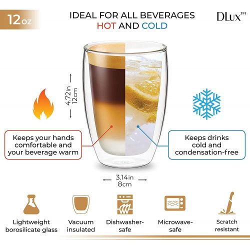  [아마존베스트]DLux Coffee Mugs, 12oz Latte Clear Glass set of 2 cups, Double Wall Insulated Borosilicate Glassware Cup - Wine, Tea Glasses