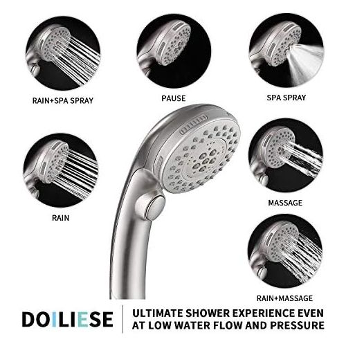  DOILIESE Shower Head, High Pressure 6 Setting Shower Head Hand-Held with ON/OFF Switch and Spa Spray Mode - Shower Heads with Handheld Spray High Pressure - Brushed Nickel