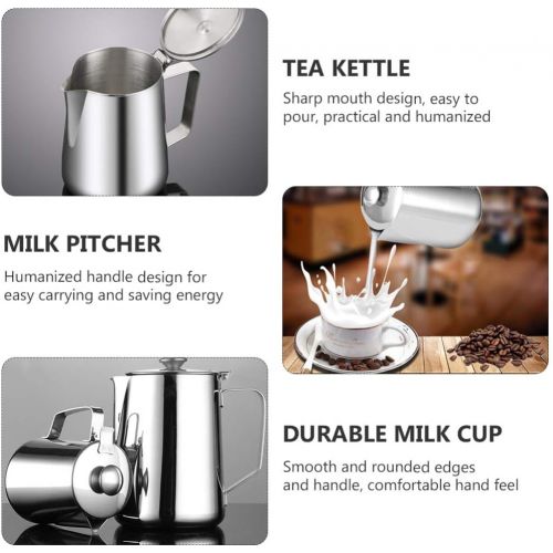  DOITOOL Milk Frothing Pitcher 600ML Stainless Steel Coffee Steaming Cup Dust- Proof Mocha Jug with Lid for Espresso Machine Milk Frother Latte Coffee Art