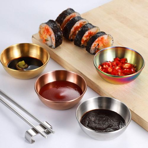  [아마존베스트]DOITOOL 4PCS Stainless Steel Sauce Dishes Round Sushi Dipping Bowls,Sushi Dipping Sauce Dishes Seasoning Dish Saucer Bowl Mini Appetizer Plate (Rose Gold,3.14X3.14X0.98inch)