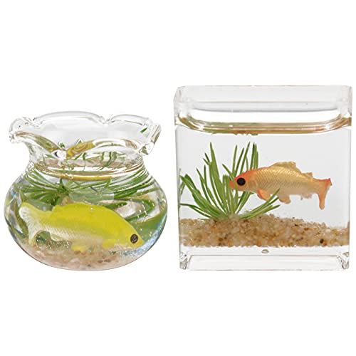  DOITOOL 2pcs 1: 12 Miniature Glass Goldfish Bowl with Fish Miniature Fish Bowl Glass Fish Tank Dollhouse Accessories