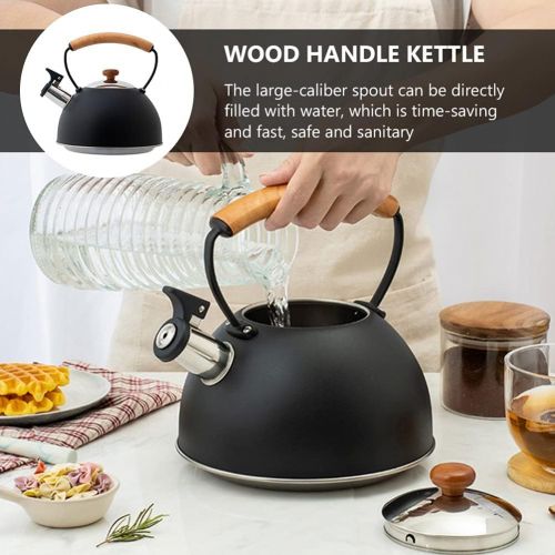  DOITOOL Stainless Steel Tea Pot Whistling Tea Kettle Whistling Spout Anti Hot Wood Handle Tea Pots for Stove Top (Black)