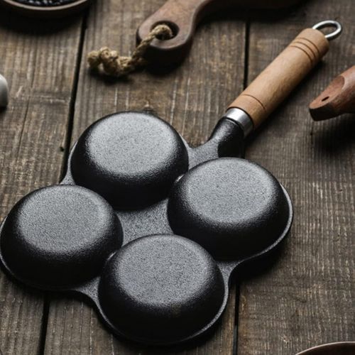  DOITOOL Egg Frying Pan Iron Nonstick Pancake Pans 4 Cups Round Omelette Pan Mold Toast Egg Burger Steak Cooker with Wood Handle for Gas Stove Kitchen Gadget Tools