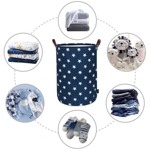  DOKEHOM 19-Inches Thickened Large Laundry Basket -(9 Colors)- with Durable Leather Handle, Drawstring Waterproof Round Cotton Linen Collapsible Storage Basket (Blue Star, L)