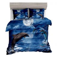 DOLPHINS Jwellking 3D Dolphin Queen SizeKids Bedding Set,Playful Dolphins Under The Night Sky Printed in Blue Duvet Cover Set.3pcs(1 Duvet Cover,2 Dolphin Pollow Shams),No Comforter Inside.