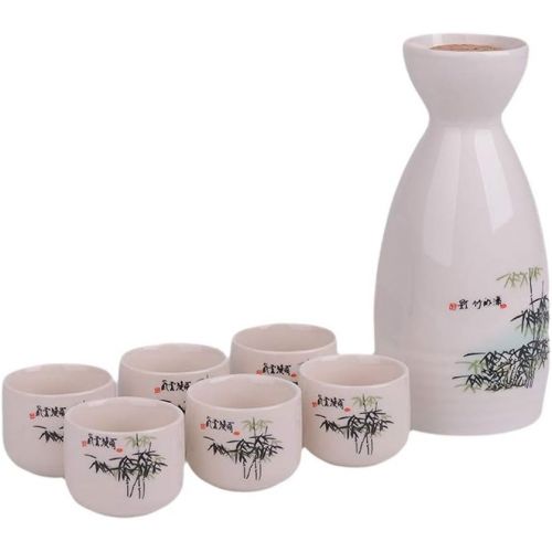  [아마존베스트]DOMALA White ceramic sake bottle and 6 cups - Traditional Japanese 7-piece set (Bamboo Shadow)