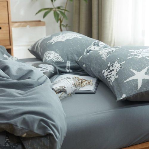  DOUH Duvet Cover King,Jersey Knit Cotton 3 Piece Duvet Cover Set, Super Soft Comfy White Blue Seashells Pattern Bedding Set with Zipper Closure