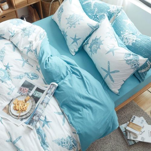  DOUH Duvet Cover King,Jersey Knit Cotton 3 Piece Duvet Cover Set, Super Soft Comfy White Blue Seashells Pattern Bedding Set with Zipper Closure