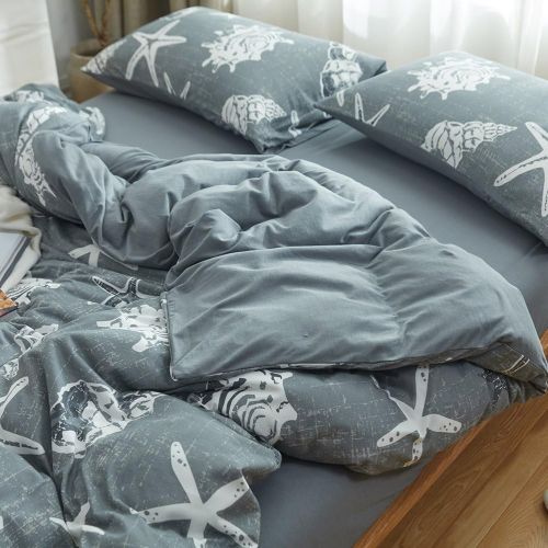  DOUH Duvet Cover King,Jersey Knit Cotton 3 Piece Duvet Cover Set, Super Soft Comfy White Blue Seashells Pattern Bedding Set with Zipper Closure