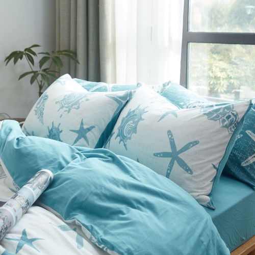  DOUH Duvet Cover King,Jersey Knit Cotton 3 Piece Duvet Cover Set, Super Soft Comfy White Blue Seashells Pattern Bedding Set with Zipper Closure