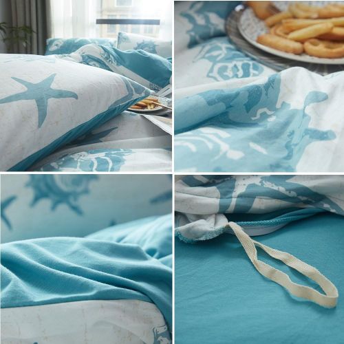  DOUH Duvet Cover King,Jersey Knit Cotton 3 Piece Duvet Cover Set, Super Soft Comfy White Blue Seashells Pattern Bedding Set with Zipper Closure