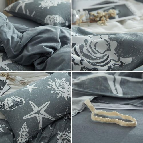  DOUH Duvet Cover King,Jersey Knit Cotton 3 Piece Duvet Cover Set, Super Soft Comfy White Blue Seashells Pattern Bedding Set with Zipper Closure