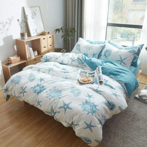  DOUH Duvet Cover King,Jersey Knit Cotton 3 Piece Duvet Cover Set, Super Soft Comfy White Blue Seashells Pattern Bedding Set with Zipper Closure