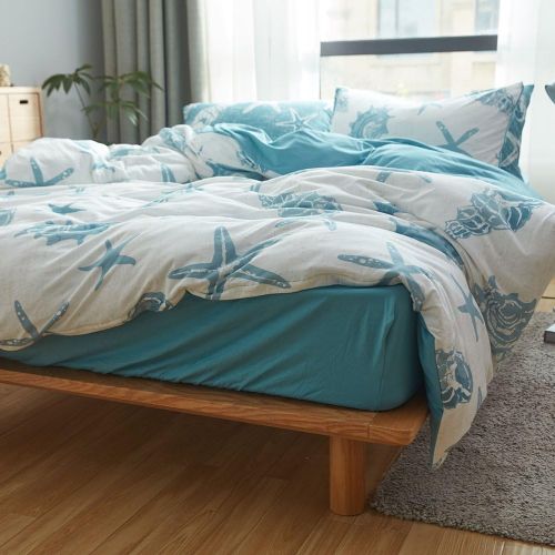  DOUH Duvet Cover King,Jersey Knit Cotton 3 Piece Duvet Cover Set, Super Soft Comfy White Blue Seashells Pattern Bedding Set with Zipper Closure