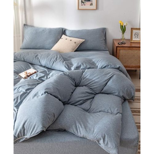  DOUH Duvet Cover Queen, Jersey Knit Cotton 3 Pieces Home Bedding Sets 1 Comforter Cover and 2 Pillow Shams Soft Comfy Solid Champagne Queen Size