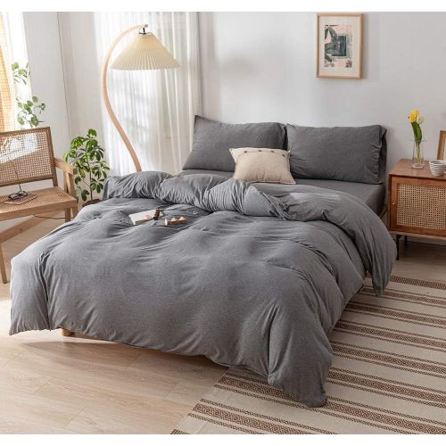  DOUH Jersey Knit Cotton Duvet Cover Queen,Full Duvet Cover Set 3 Pieces,Super Soft Comfy Coffee Solid Pattern Bedding Set for Kids Adults