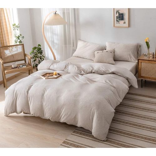  DOUH Jersey Knit Cotton Duvet Cover Queen,Full Duvet Cover Set 3 Pieces,Super Soft Comfy Coffee Solid Pattern Bedding Set for Kids Adults