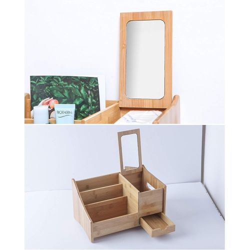  DONGYUER with Mirror Shelf HD Mirror Bamboo Wood Cosmetic Household with Drawer Storage Box Bedroom Desktop Skin Care Products Box,A