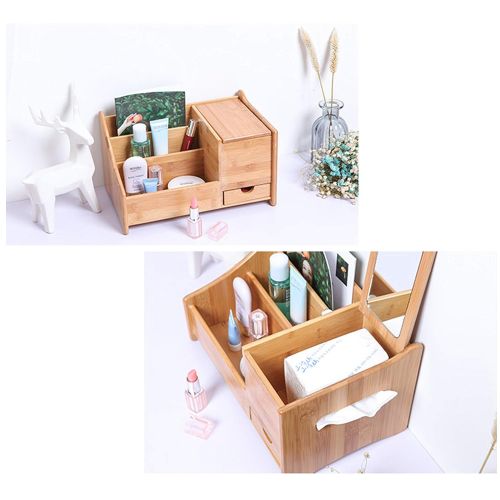  DONGYUER with Mirror Shelf HD Mirror Bamboo Wood Cosmetic Household with Drawer Storage Box Bedroom Desktop Skin Care Products Box,A