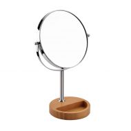 DONGYUER Fashion Double Sided Desktop Makeup Mirror Amplification Dressing Mirror Bamboo Wood Storage Box Base Beauty Mirror Metal Amplification Mirror,8inch