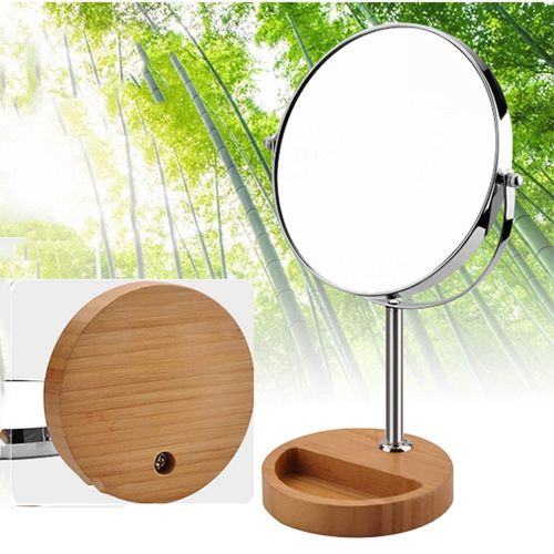  DONGYUER Fashion Double Sided Desktop Makeup Mirror Amplification Dressing Mirror Bamboo Wood Storage Box Base Beauty Mirror Metal Amplification Mirror,8inch