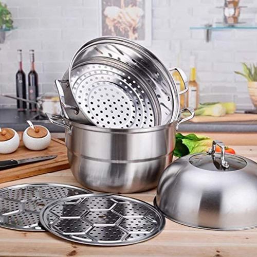  DONSU Thick bottomed 201stainless Steel Steamer Pot 3 Tier Food Steamer with Tempered Glass Lid Work with Handle Suitable for Induction Stoves, Electric Stoves and Wood Stoves (30cm)