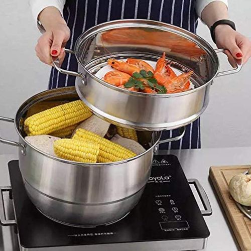  DONSU Thick bottomed 201stainless Steel Steamer Pot 3 Tier Food Steamer with Tempered Glass Lid Work with Handle Suitable for Induction Stoves, Electric Stoves and Wood Stoves (30cm)