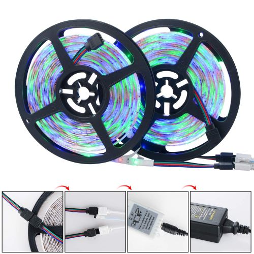  DOOLLAND LED Light Strips with Remote Controller,600 LEDs SMD 3528 RGB Strip Lights 32.8ft(10M),Waterproof Multicolor Changing LED Lights Ribbon with Power Supply,Cuttable String Light Stri