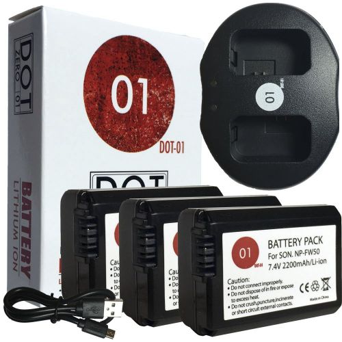  DOT-01 3X Brand 2200 mAh Replacement Sony NP-FW50 Batteries and Dual Slot USB Charger for Sony A7 Digital SLR Camera and Sony FW50