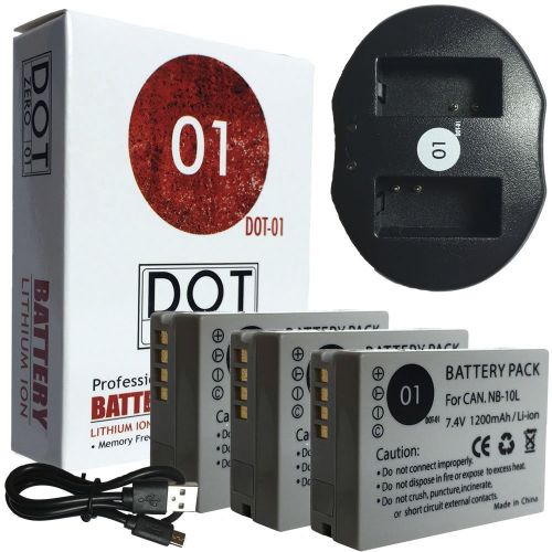  DOT-01 3X Brand 1200 mAh Replacement Canon NB-10L Batteries and Dual Slot USB Charger for Canon SX50 HS Digital Camera and Canon NB10L