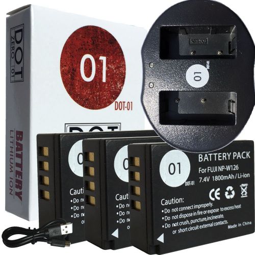  DOT-01 3X Brand 1800 mAh Replacement Fujifilm NP-W126 Batteries and Dual Slot USB Charger for Fujifilm X-M1 Compact System Digital Camera and Fujifilm NPW126
