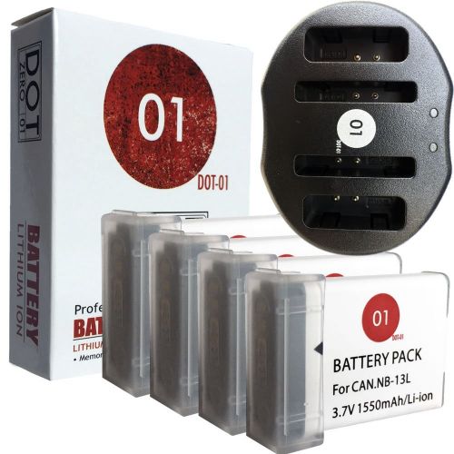  DOT-01 4X Brand 1550 mAh Replacement Canon NB-13L Batteries and Dual Slot USB Charger for Canon G7 X Digital Camera and Canon NB13L