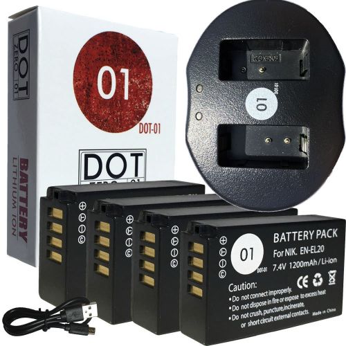  DOT-01 4X Brand 1200 mAh Replacement Nikon EN-EL20 Batteries and Dual Slot USB Charger for Nikon 1 J2 Digital Camera and Nikon ENEL20