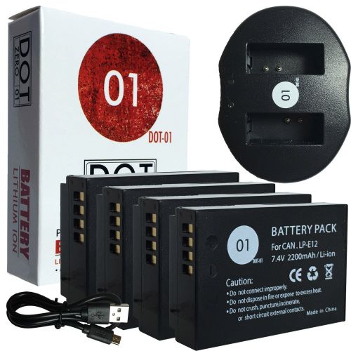  DOT-01 4X Brand 2200 mAh Replacement Canon LP-E12 Batteries and Dual Slot USB Charger for Canon 100D Digital SLR Camera and Canon LPE12