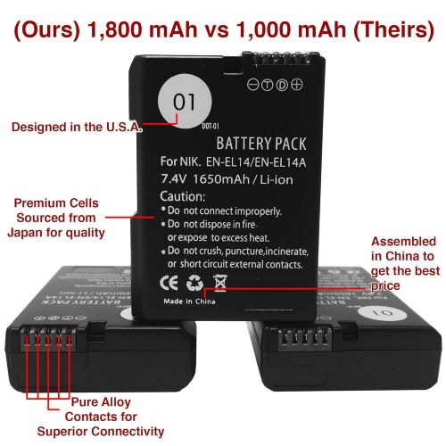  DOT-01 2X Brand 1650 mAh Replacement Nikon EN-EL14A  EN-EL14 Batteries and Smart LCD Display Dual USB Charger for Nikon P7100 Digital Camera and Nikon ENEL14A