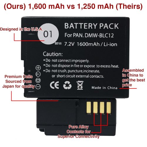  DOT-01 4X Brand 1600 mAh Replacement Panasonic DMW-BLC12 Batteries and Dual Slot USB Charger for Panasonic Lumix G7, G6, G5, FZ1000, FZ200, GH2 Digital Camera and Panasonic BLC12